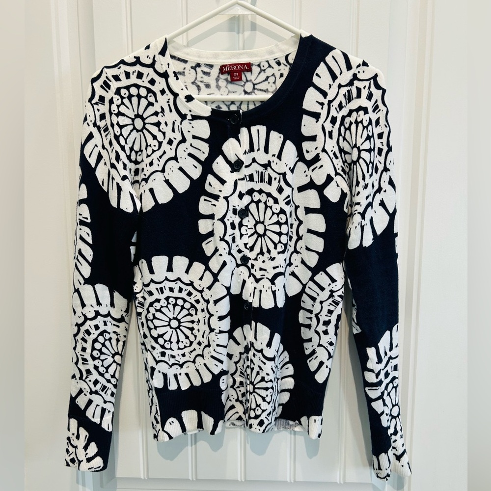 Navy and White Mandala Patterned Cotton Cardigan